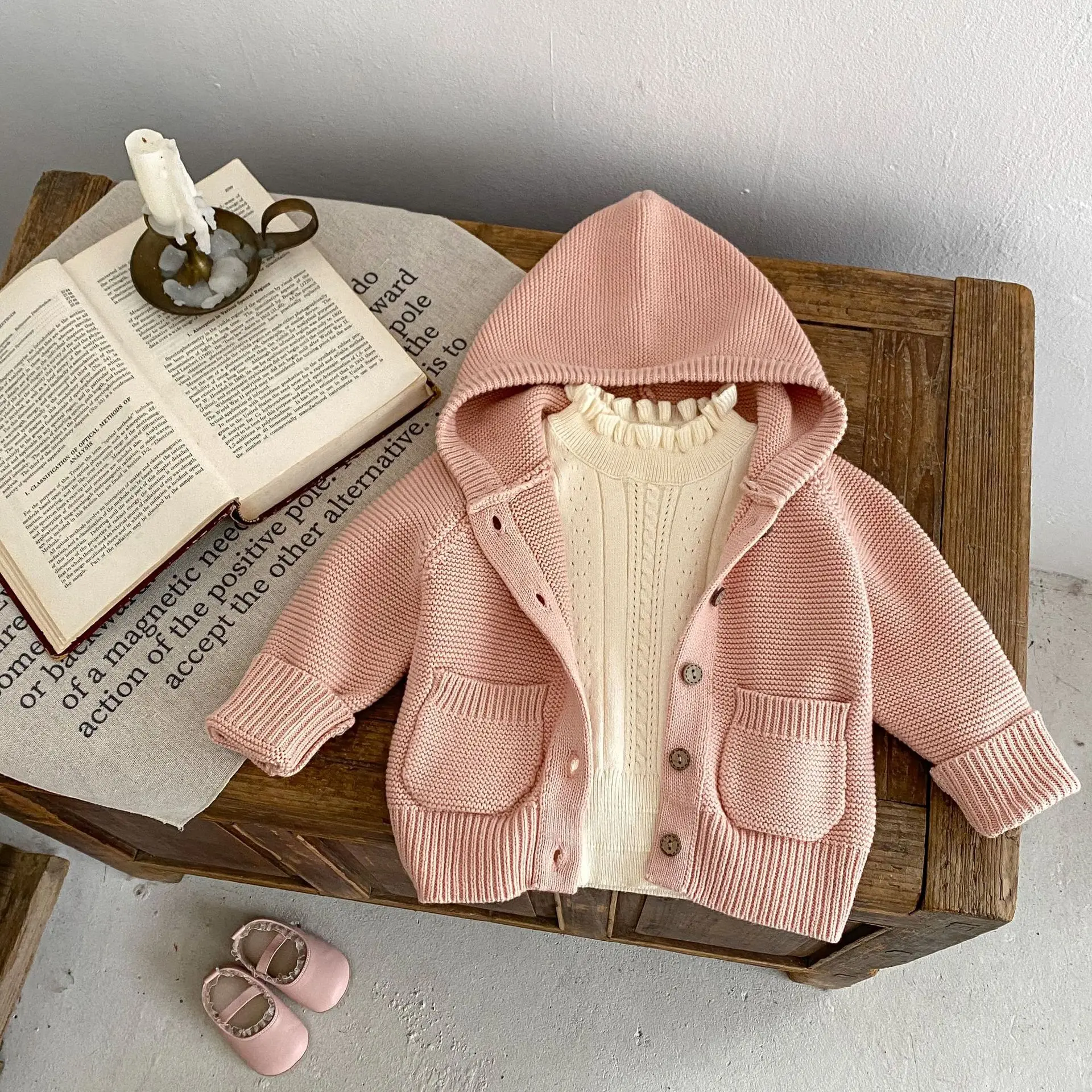 

Baby Clothing 2024 Spring Girls Solid Color Pocket Knitted Hooded All Match Casual Fashionable Warm Baby Coat Sweater