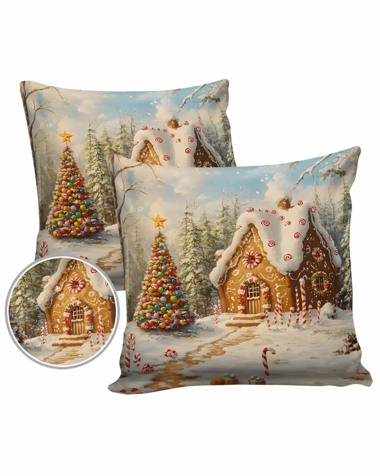 2/4PCS Christmas Tree Gingerbread House Fairy Tale Decorative Sofa Throw Pillow Cover Case Garden Patio Cushion Covers