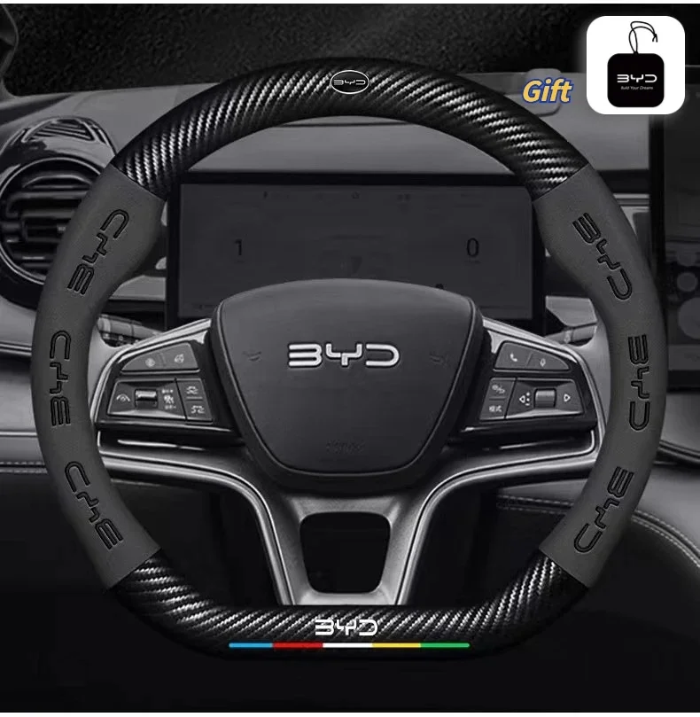 Sport PU Suede Steering Wheel Cover With BYD Logo For Atto 3 Seal Dolphin Han Tang Song Yuan Anti‑Slip Car Steering Protector