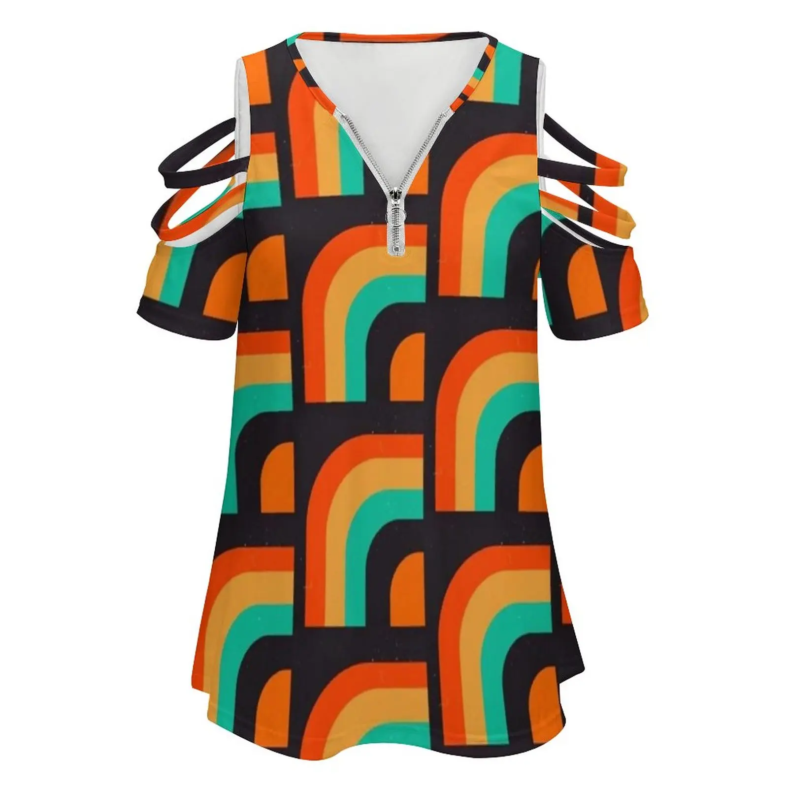I’M Living In The 70’S Women's T-Shirt Summer Fashion Print Floral V-Neck Zipper Tshirt Hollow Pullover Ladies Top 70 S Retro