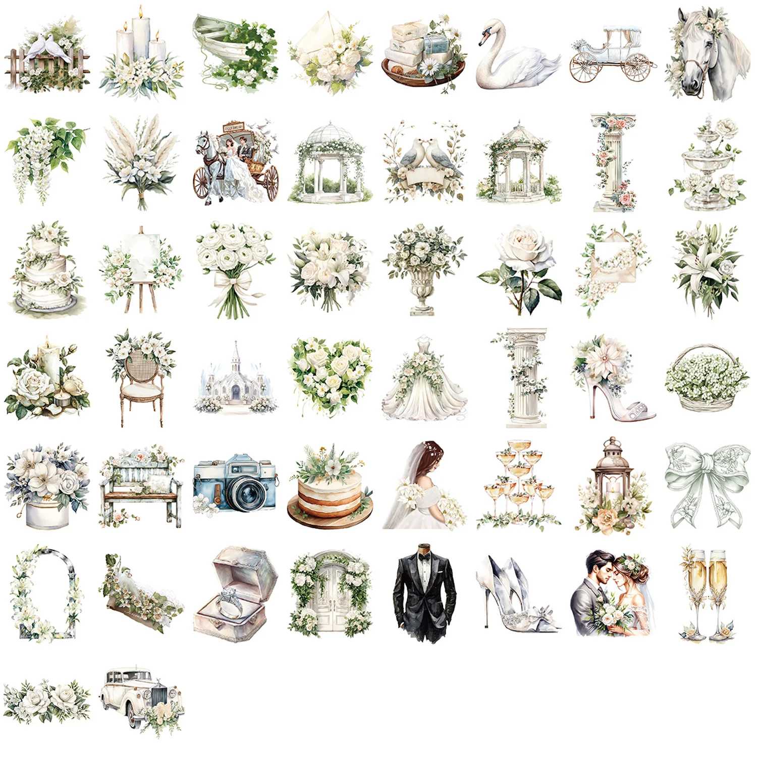 50Pcs Retro White Wedding Stickers Floral Aesthetic Decals for Water Cup Phone Case Stationery Box Scrapbook DIY Decor