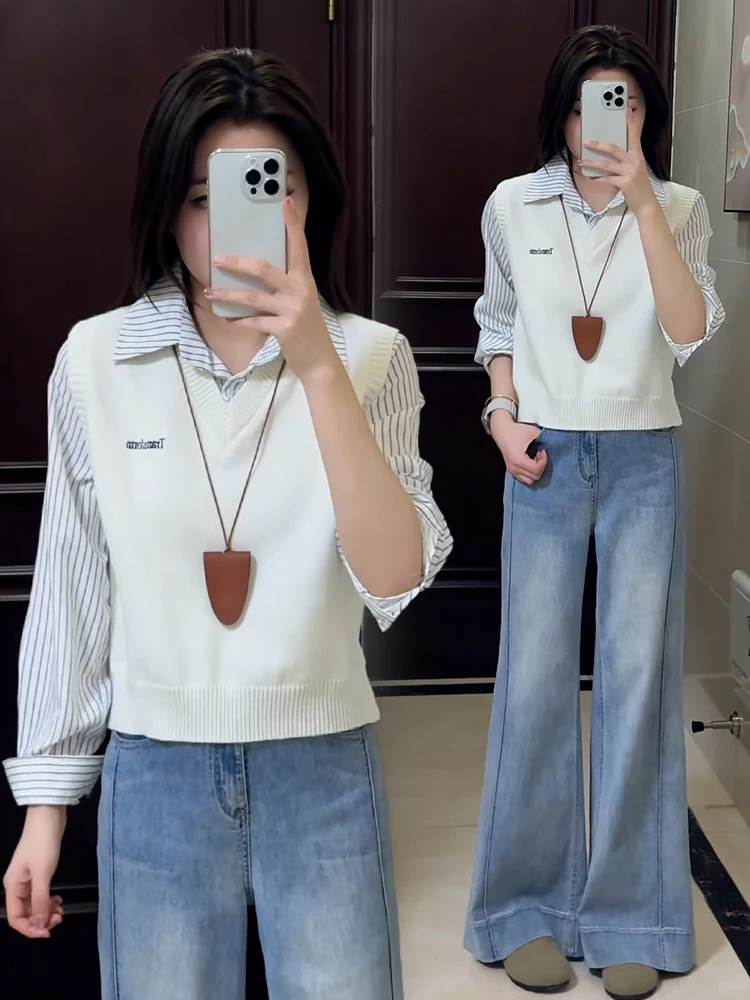 Pull tricoté amincissant pour femme, ample, Long, Sve v-ne, une pièce, faux ensemble deux pièces, nouvelle collection automne