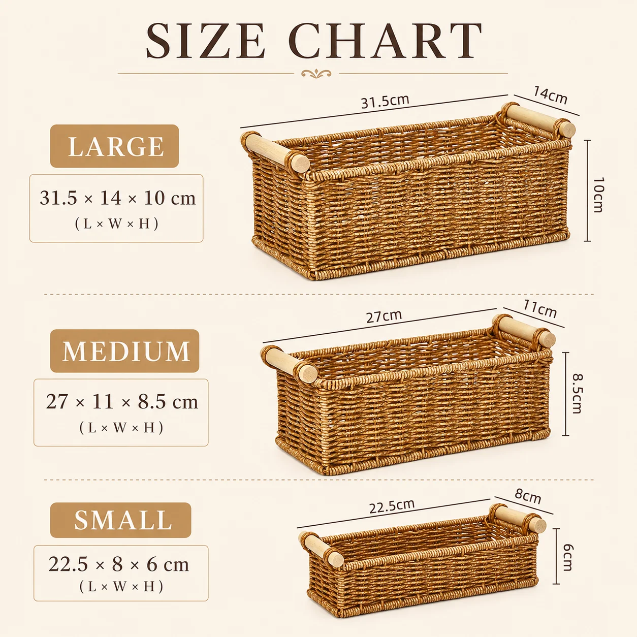 3Pcs Imitation Rattan Storage Basket Set with Wooden Handles, Woven Organizer Bins for Bathroom, Kitchen, Vanity & Home view 2