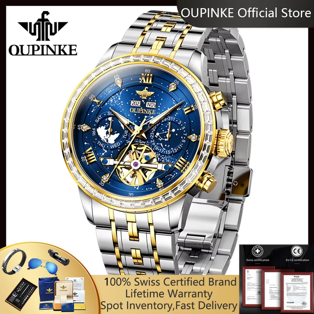 OUPINKE 3255 Men's Watches Skeleton Starry Sky Dial Automatic Mechanical Watch for Men Luxury Diamond Bezel Calendar Wristwatch
