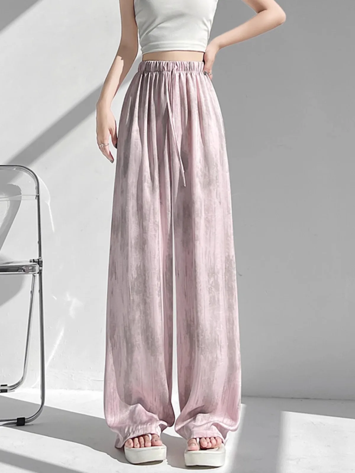 Summer Thin Acid Silk Shantou Pants Women's High Waist Wide Leg Tie Dye Casual Cool Feeling Pants Long Commute Style