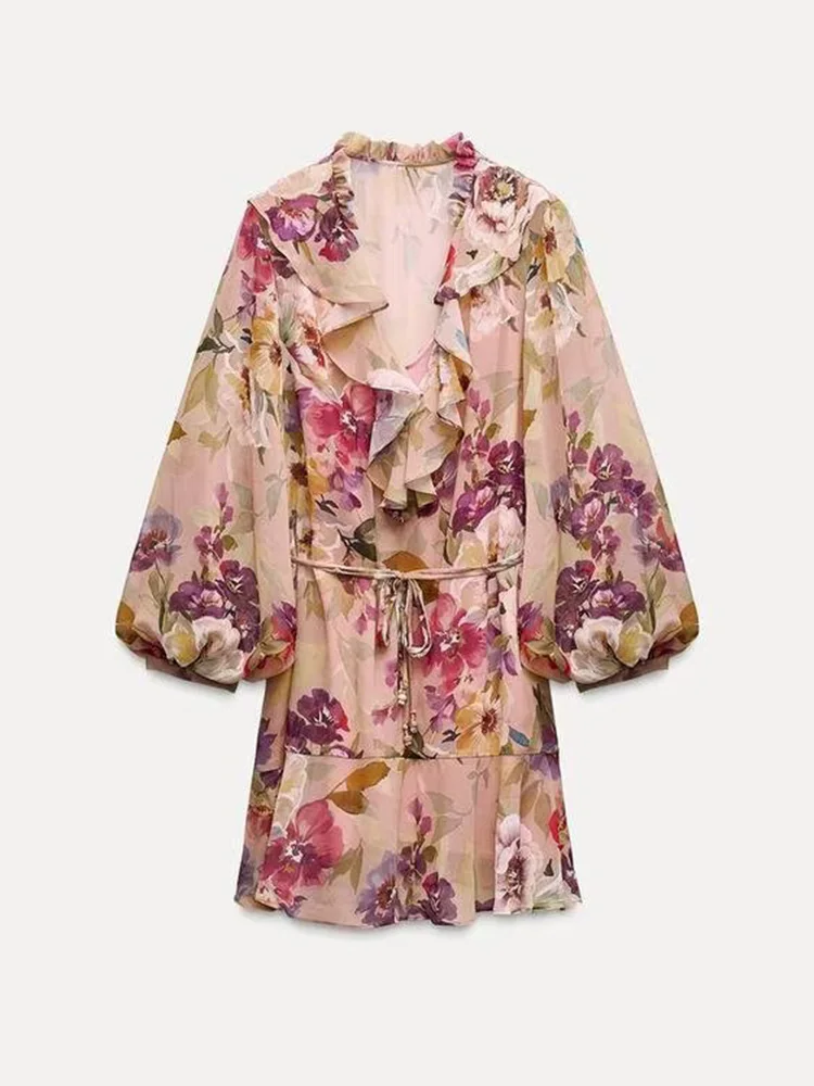 Vestido f recém-chegado da primavera ZA2025 vestido  com decoração em camadas com estampa floral versátil vestido ...