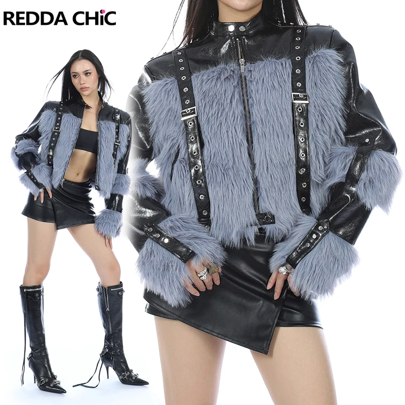 

REDDACHiC Color Block Faux Fur Cropped Leather Jacket Women Zip-up Stand Collar Shaggy Bomber Jacket Vintage Moto Punk Outerwear