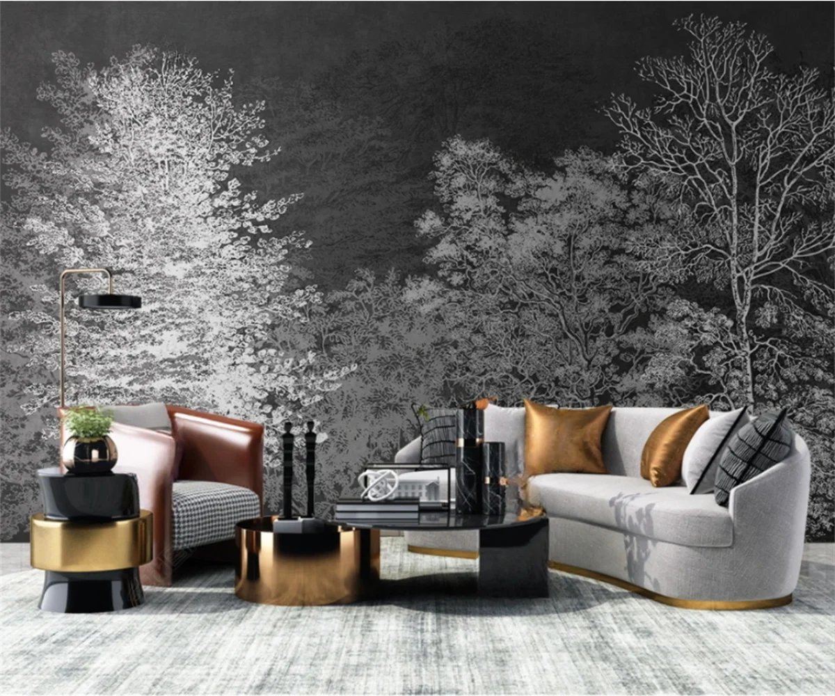 Custom Size Wallpaper Black and White Forest Decorative Painting Home Decoration White Birch Tree Cedar Forest Wall Stickers
