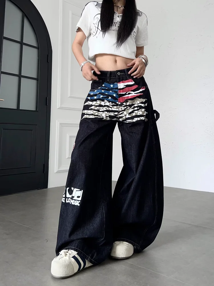 Women's Printed Pattern Design Jeans 90S Hip-hop Baggy Trousers Cool Girl Sweatpants Female High Waist Curved Wide-leg Pants