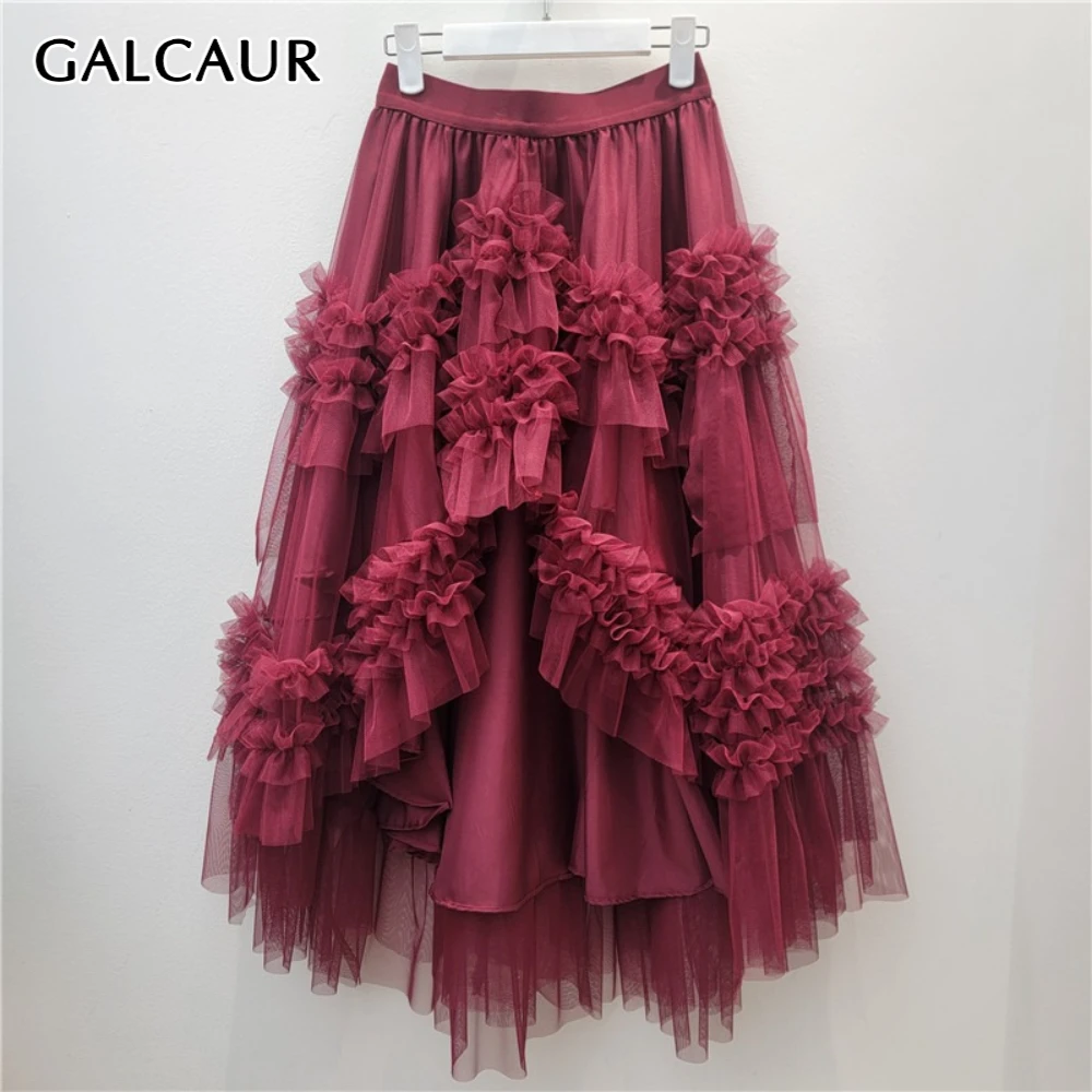 

GALCAUR Solid Spliced Mesh Skirt Female High Waist Loose Patchwork Ruffles Irregular Design Women's Skirts Autumn Fashion New
