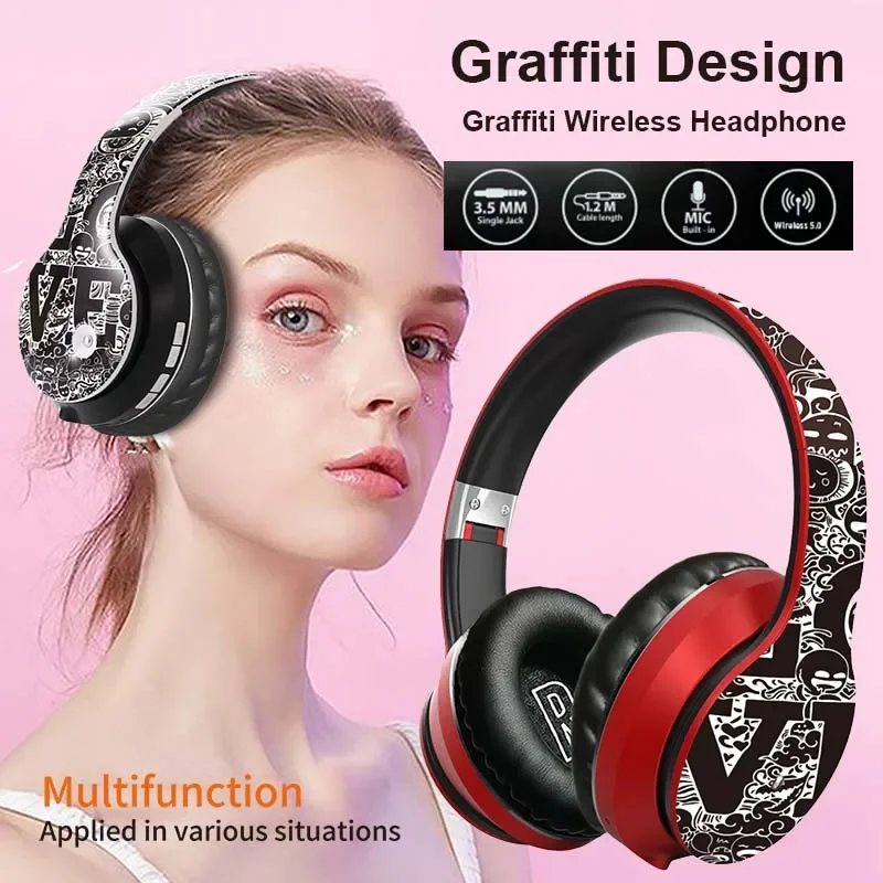 

Graffiti Design Wireless Over Ear Headphones Foldable Adjustable Bluetooth AUX 3.5mm Wired FM TF Card Heavy bass Earmuff Headset