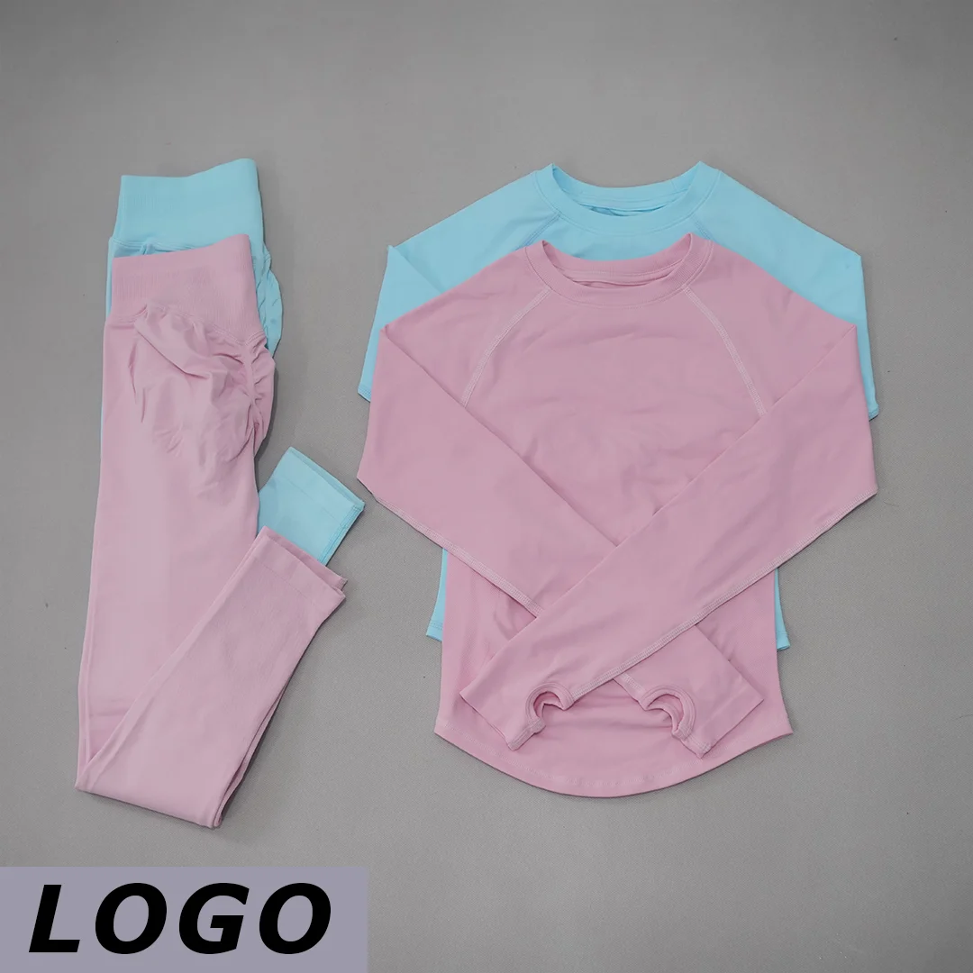 LOGO DF Women 2‑Piece Seamless Gym Fitness Set Long Sleeve Top High Waist Leggings Slim Fit Breathable Tracksuit Pilates Running