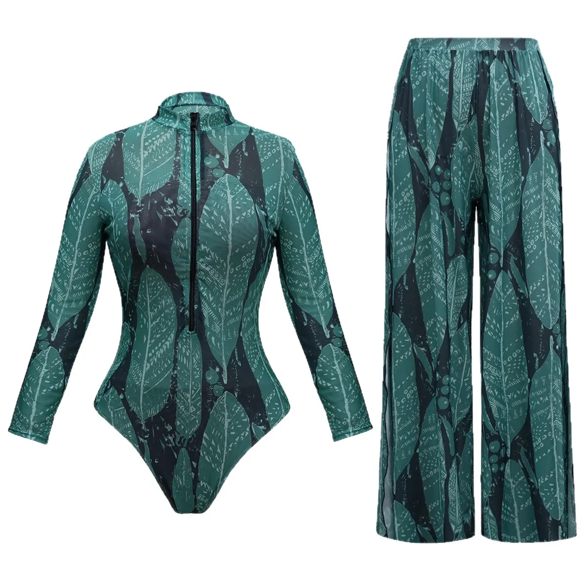 

Woman Tankini Long Sleeve Swimwear Printed UPF 35+ Bathing Suit Peacock Feather Print High Neck Modest Two Set Teal Green