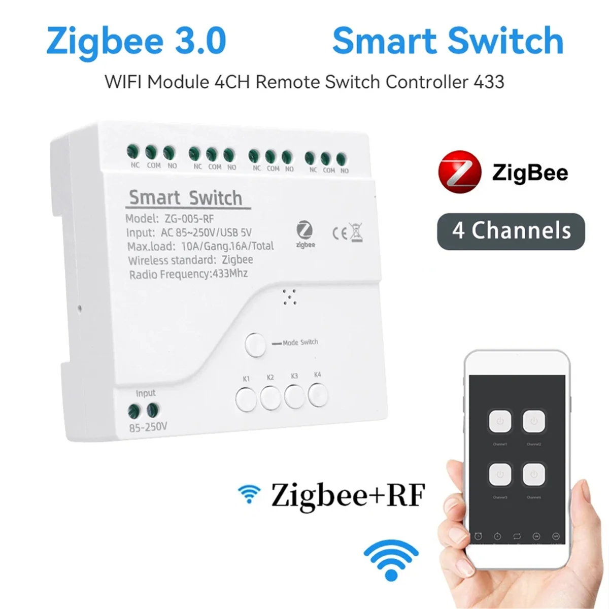 4 Channels Tuya ZigBee Smart Switch Module RF433 Smart Home Automation DIY Breaker Wireless Relay Voice Control