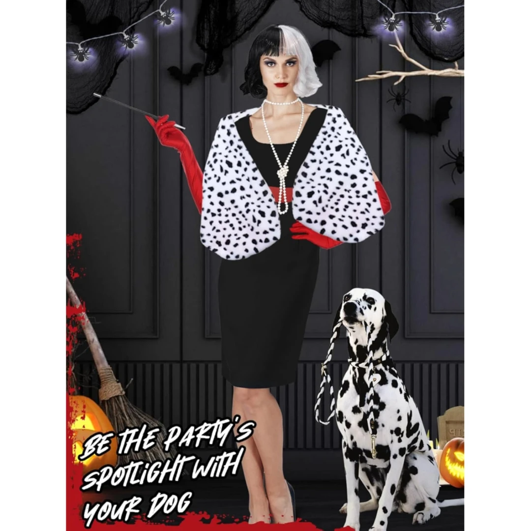 Halloween Costumes for Women - Black and White Wig with Shawl Scarf, Red Gloves, Faux Pearl Necklace, Long Holder, and Wig Cap