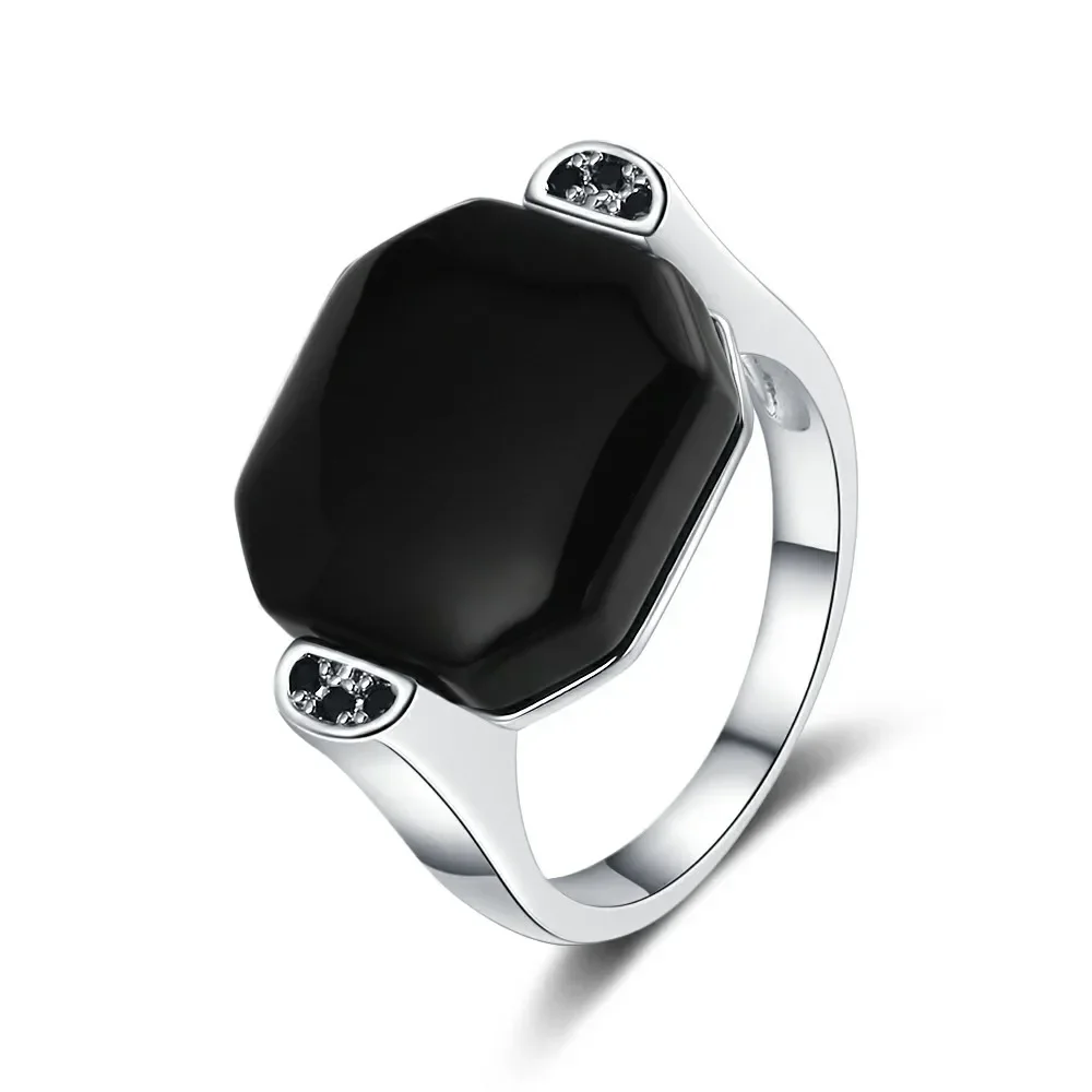 Cincin perhiasan perak Sterling 925 Octagon Natural 13*12mm, cincin Vintage batu akik hitam untuk hadiah pesta wanita