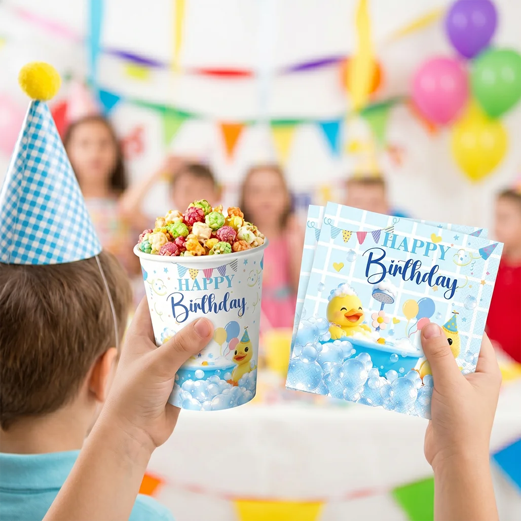 Niedliche Gelbe Gummi-Enten Baby-Shower-Party Dekorationen Papier-Tischgeschirr Teller Becher Banner Jungen Mädchen 1. Geburtstag Zubehör – Detail 4