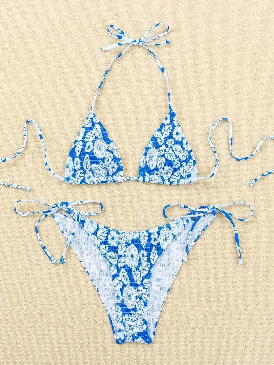 Swim Mod Summer Beach Floral Smocked Triângulo Tie Side Bikini Set