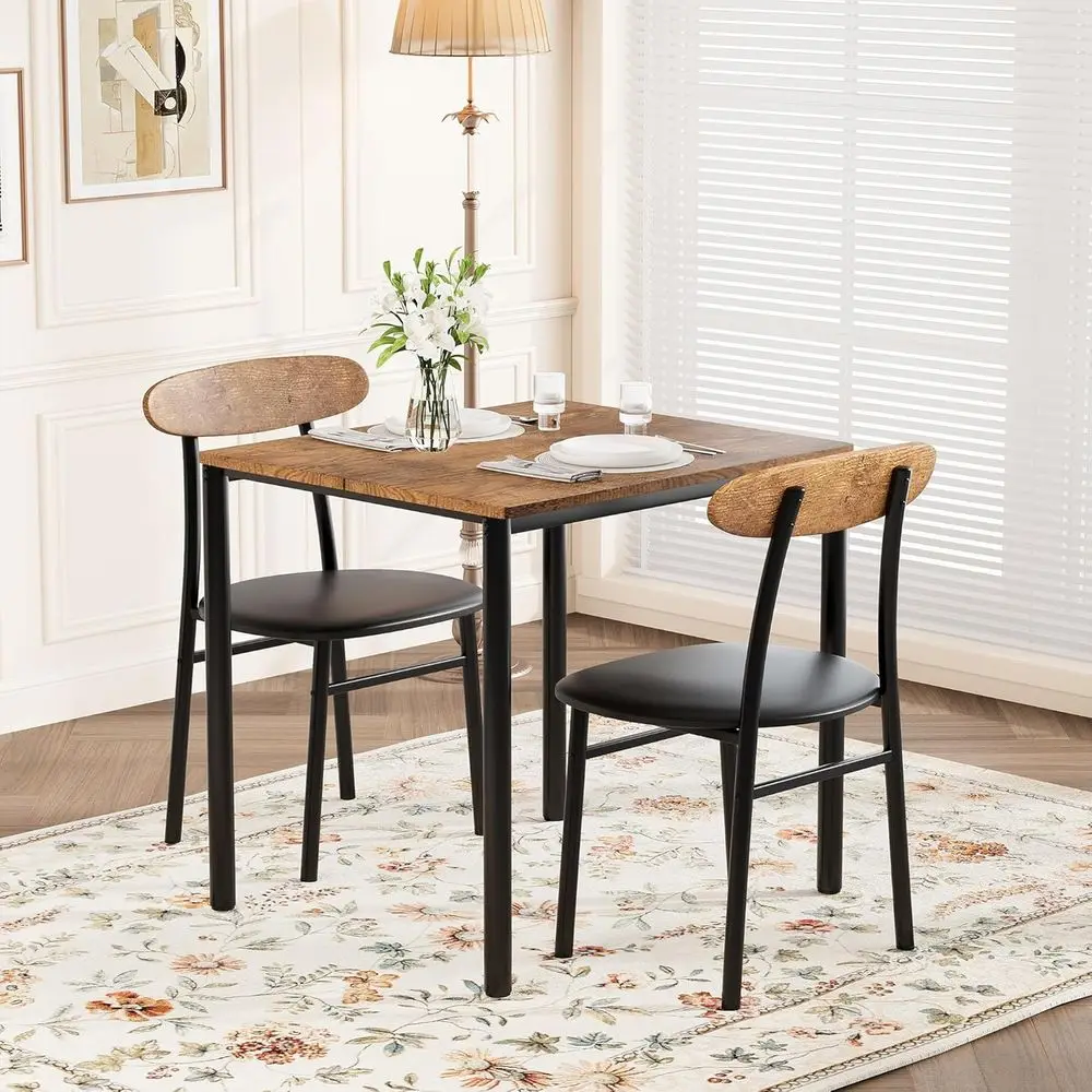 Dining Table Set or 2, Wood Square Table with 2 Upholstered Chairs or Kitchen and Dining Room, Space Saving (Rustic Brown)