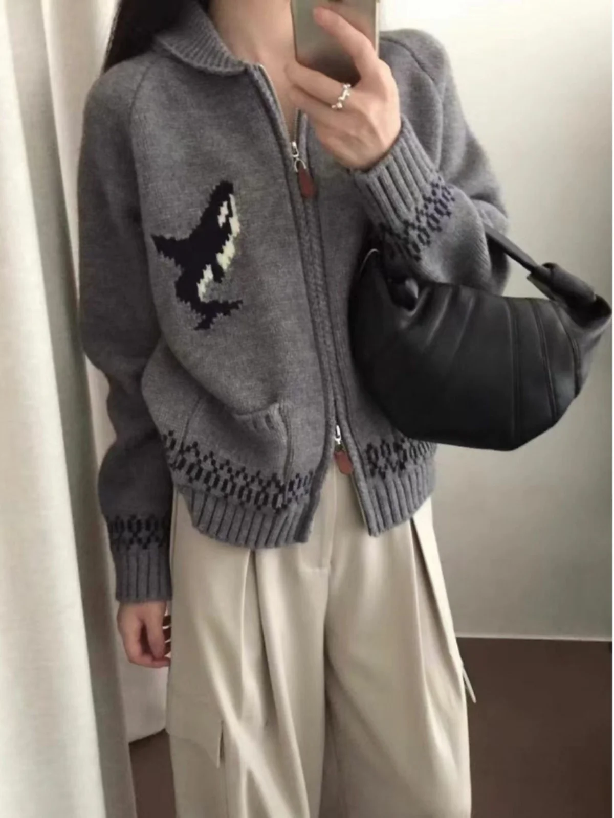 

Вязаный свитер Ay We с вышивкой Thiened Jaet, топ с двойной молнией и свободным воротником, новый корейский Sle Commute Faion