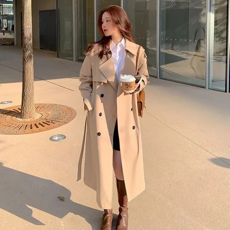 Streetwear luźny trencz długość Midi moda koreański elegancki Khaki czarny damski płaszcz wiatrówka Casual dwurzędowe topy