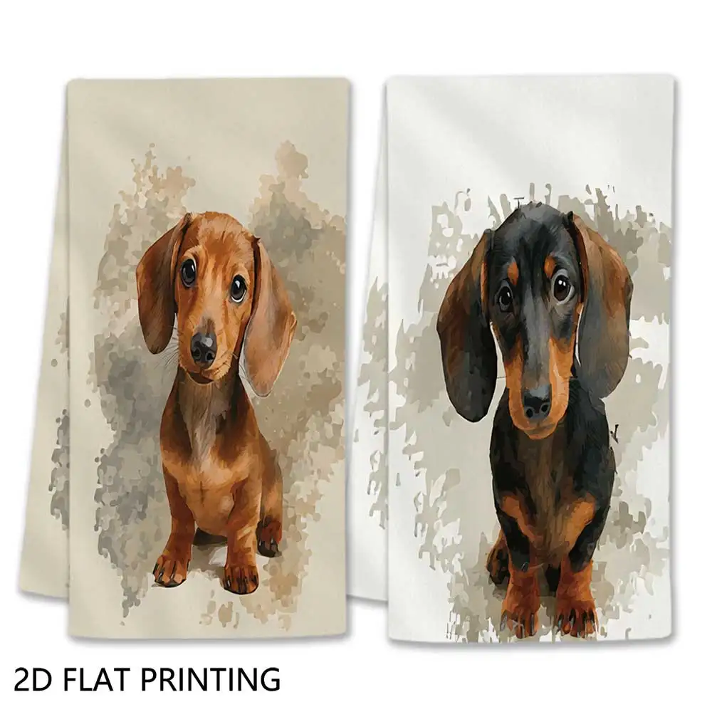 Jit 2pcs Watercolor Dachshund Puppy Pattern Dish Towels For Home Kitchen Cabin Decor