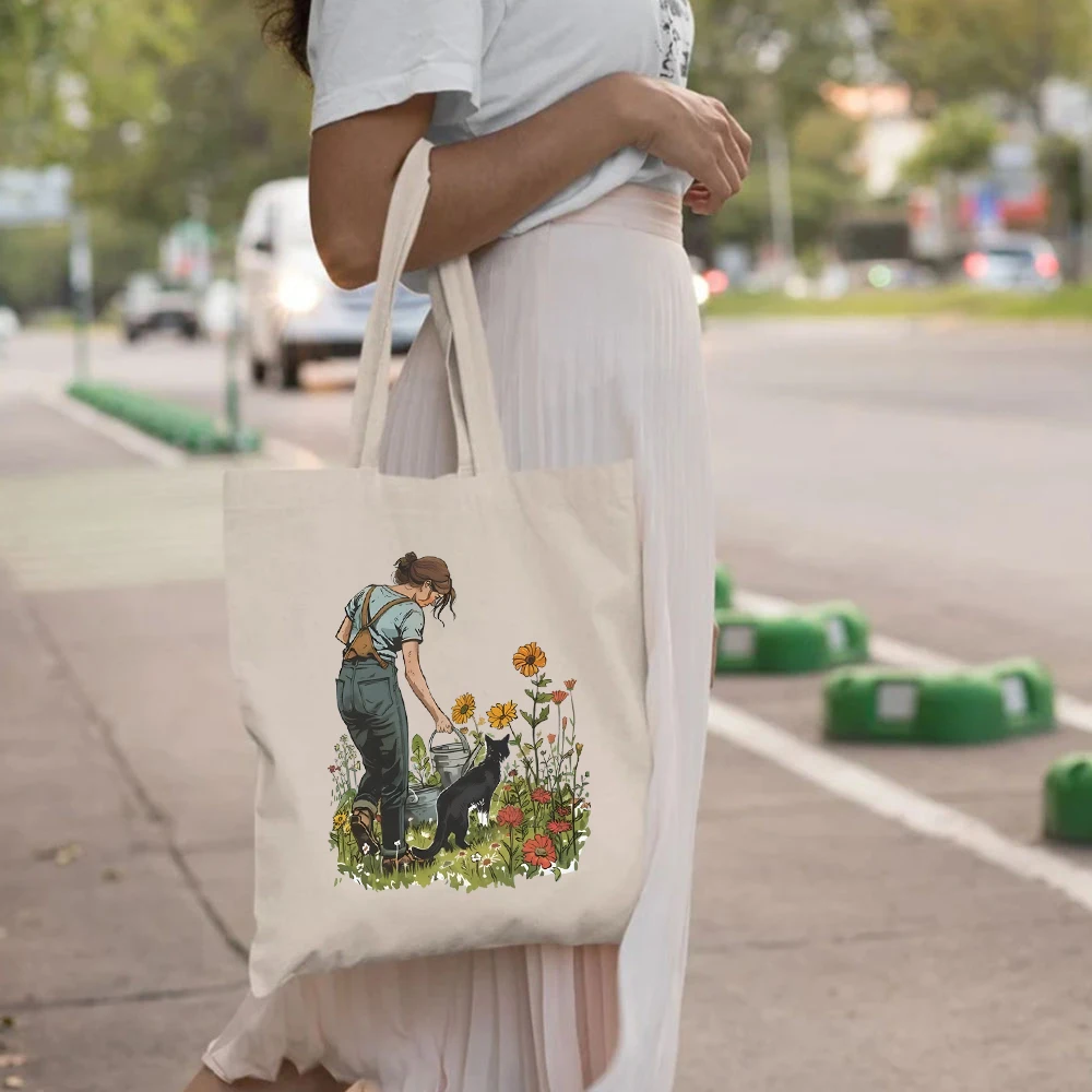 Gardening and Cat Tote Bag Wildflower Sunflower Women's Elegant Large Handbag  Large Capacity Female Shoulder Bag Cat Lover Gift