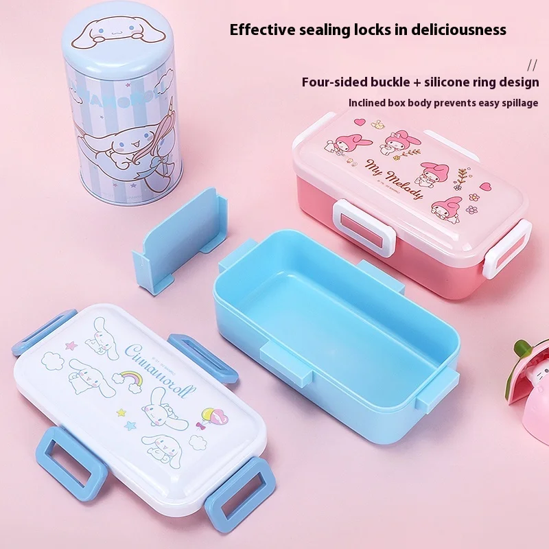 Caja Bento de personajes originales Sanrio Cinnamoroll My Melody, contenedor de almuerzo con cierre a presión de 4 lados de 525ml, almacenamiento de alimentos frescos Kawaii