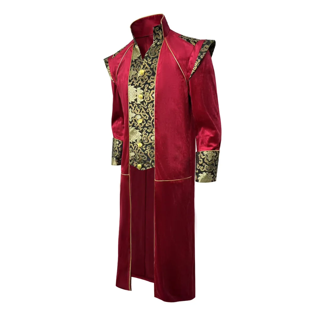 الكبار الرجال القرون الوسطى تأثيري السترات السوداء الشيطان الأزياء القوطية Steampunk يرتدى زي الأسود الديباج الدمشقي الزفاف هالوين