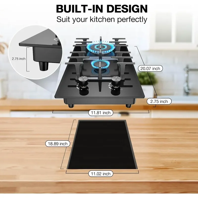2 Burner Gas Stove Propane Cooktop Tempered Glass Gas Cooktop 12 inch Stainless Steel Propane Burner with Thermocouple