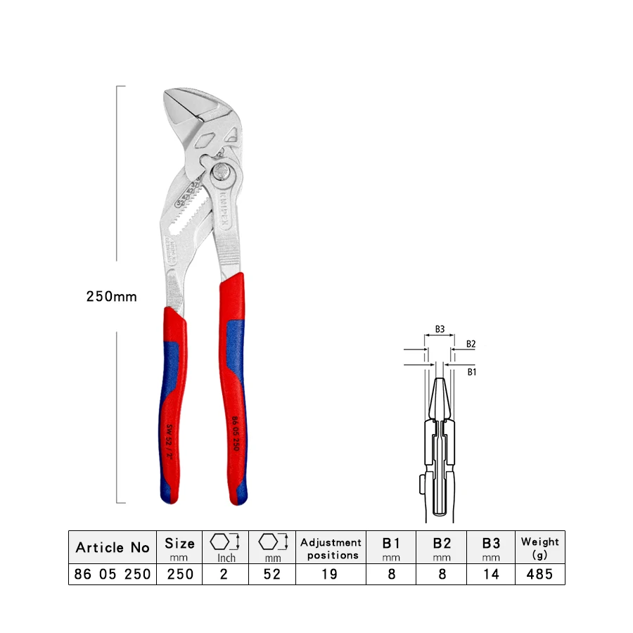 KNIPEX 86 05 250 Pliers and Wrench in a Single Tool Chrome Plated with Multi-component Grips 250 mm