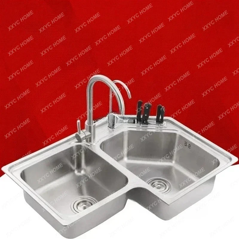 Modern Corner Kitchen Sinks Double Slot Wash Basin Stainless Steel Balcony Shaped Brushed Home Kitchen