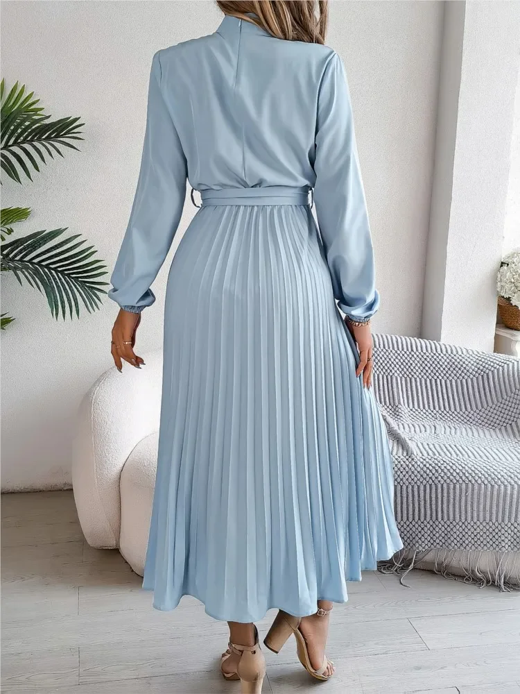 Nice Women's Long Dresses Summer Elegant Pleated Long Sleeveed Lace Up Dresses Beach Boho Wrap Ruffle Hem Swing Sundress