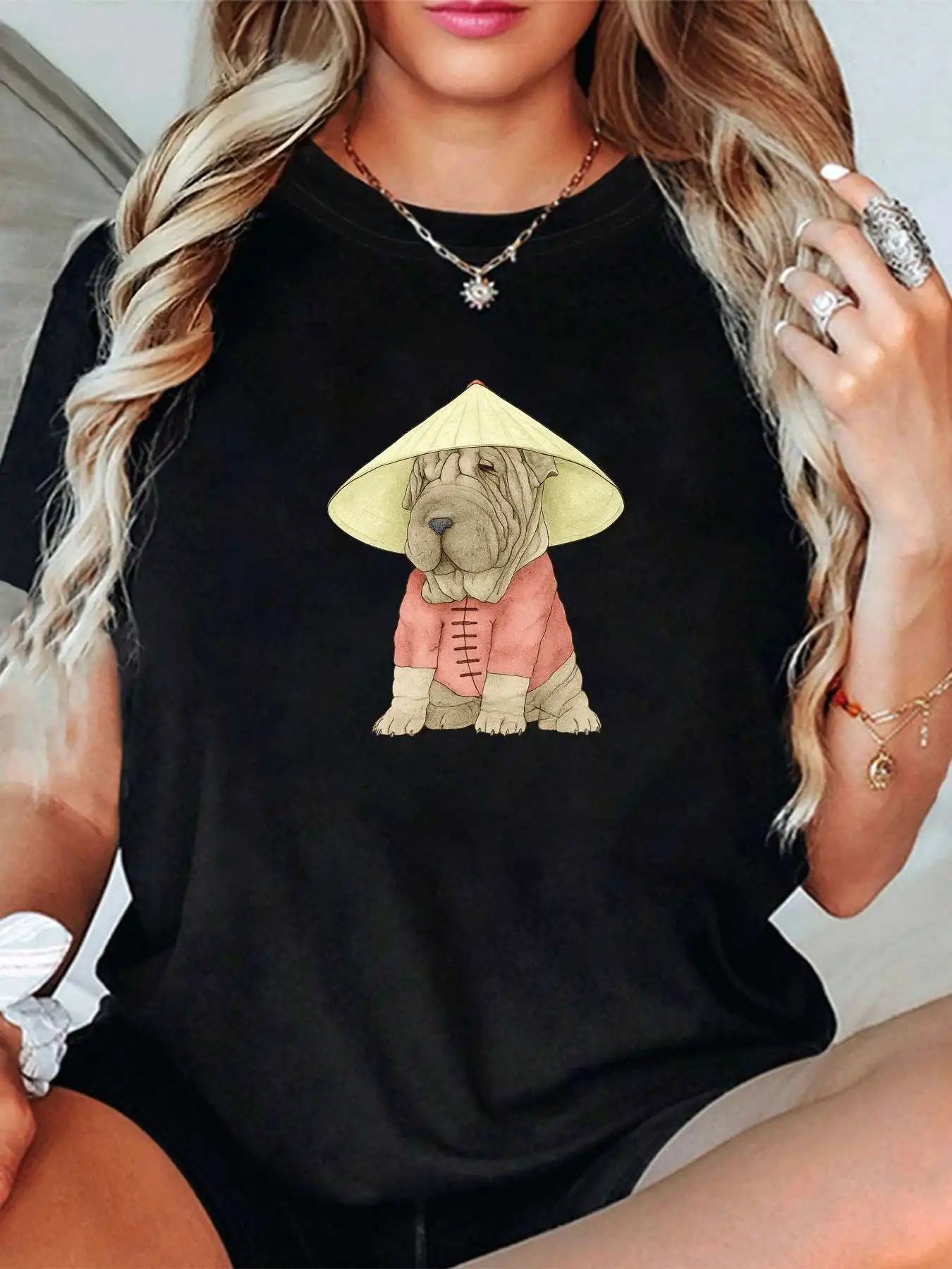 【1023213】 T-shirt da donna a maniche corte girocollo taglie forti con mezze maniche elastiche e stampe alla moda