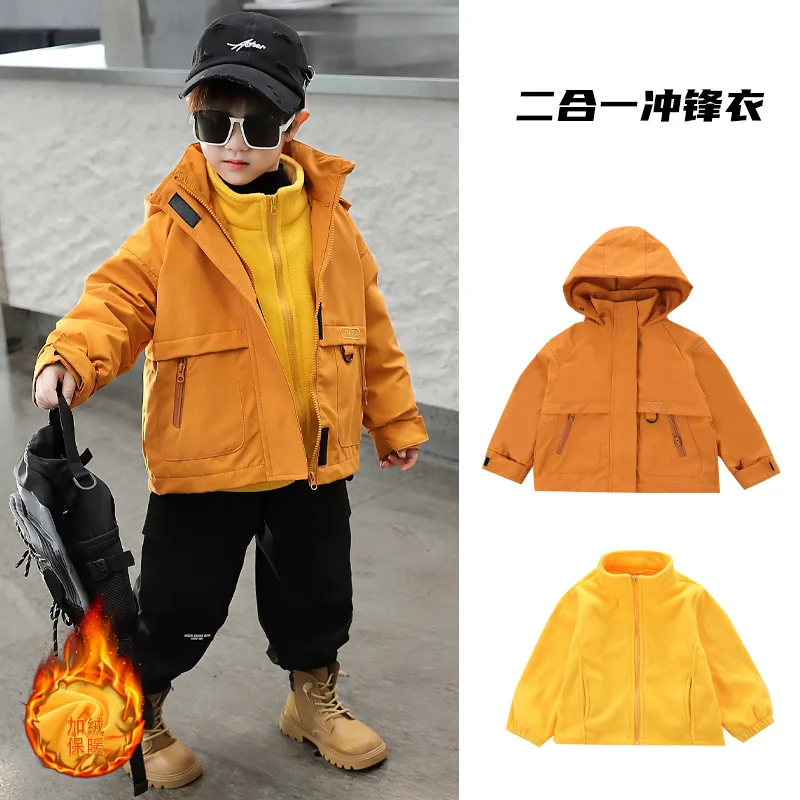 ZOETOPKID Boys 2-in-1 Fleece Jacket Children's Autumn Winter Windbreaker Removable Warm Liner Coat for School Outdoor Play