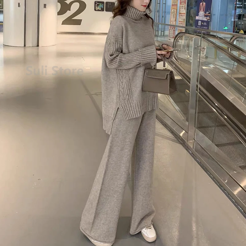 Sweater Set Warm suit for Women Winter Knitted Suits 2 Piece Set Soild Turtleneck Sweater + Loose Trousers Office Lady Suit