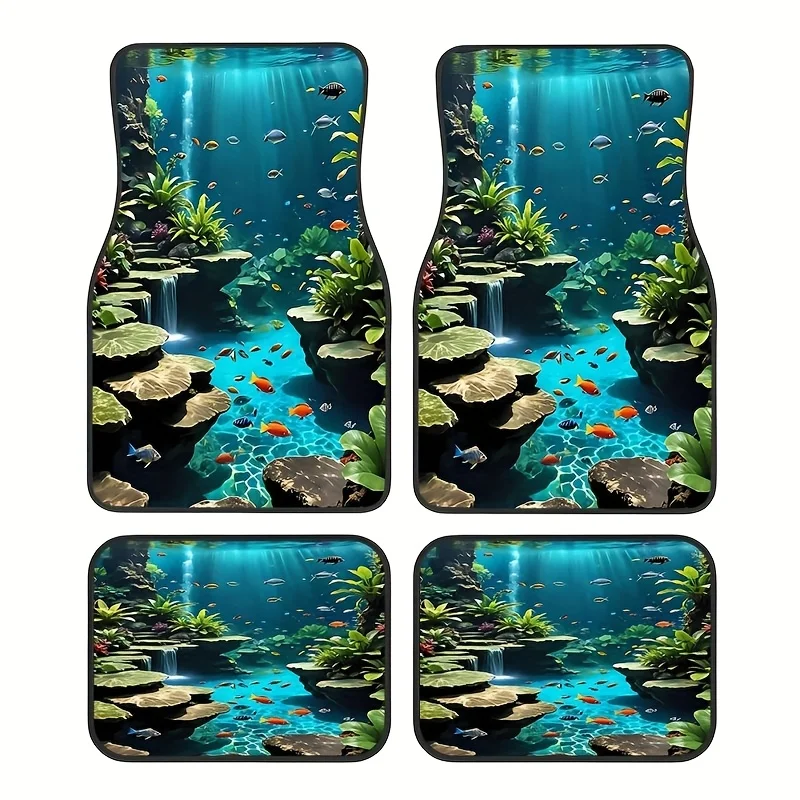 4pcs, Beautiful Underwater World Marine Life Pattern Car Rubber Mats, Universal Non-Slip Carpets, Easy To Clean Interior Additio