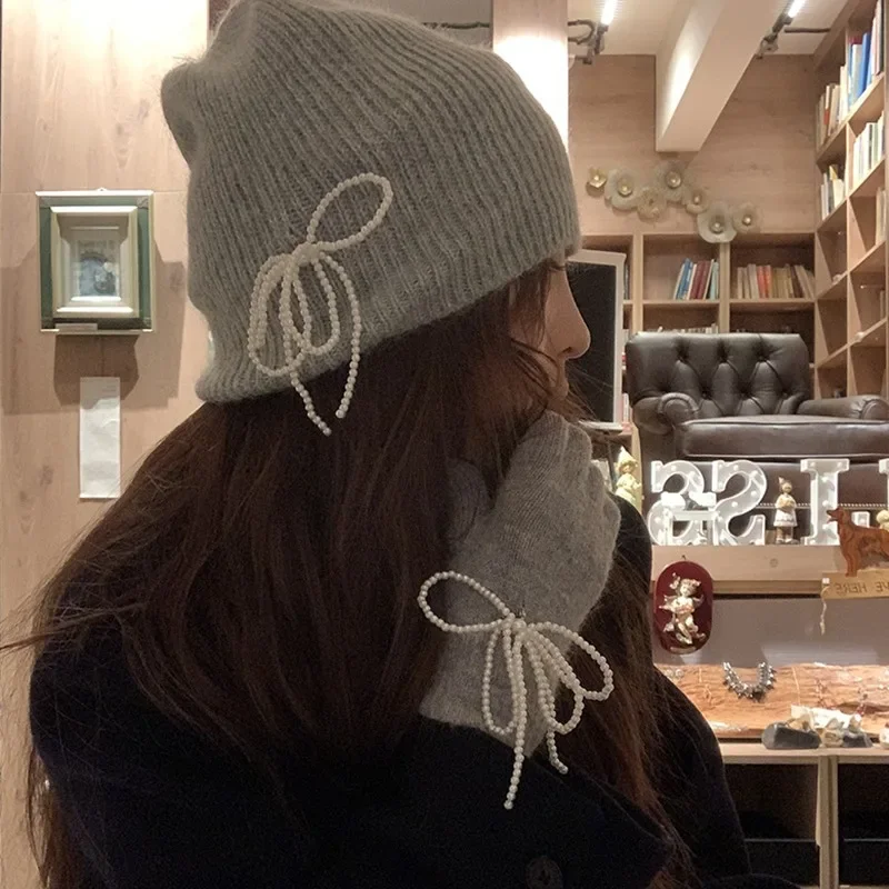 Japanese Ins Pearl Bow Split Finger Gloves women Pearl Pendant Hat Sets Korea fashion Macaron Rabbit Fur Winter Warm beanies hat