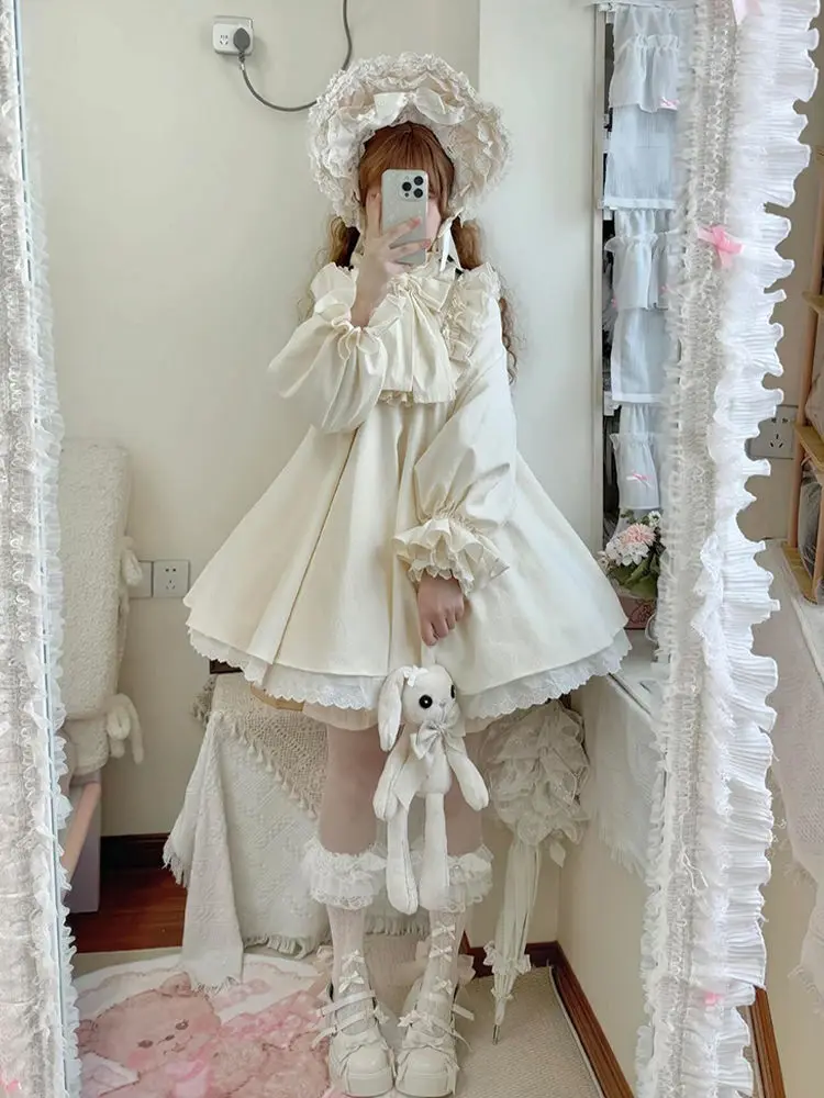 Herbst süße lose Lolita Kleid Kawaii Schleife Rüschen ausgestellte Ärmel Langarm Tee Party Kleid Y2K elegante Prinzessin Minikleid