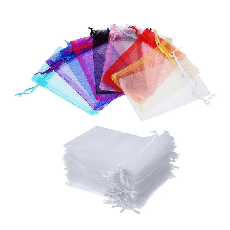 100 Pcs 4X6 Inch Organza Gift Bags Drawstring Jewelry Pouches Wedding Party Favor Bags, 50 Pcs White & 50 Pcs Multicolor