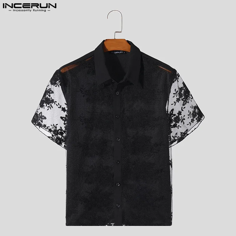 Incerun-Men's Lace Patchwork lapela manga curta camisa transparente, roupas de verão, moda sexy, streetwear, S para 5XL, 2024