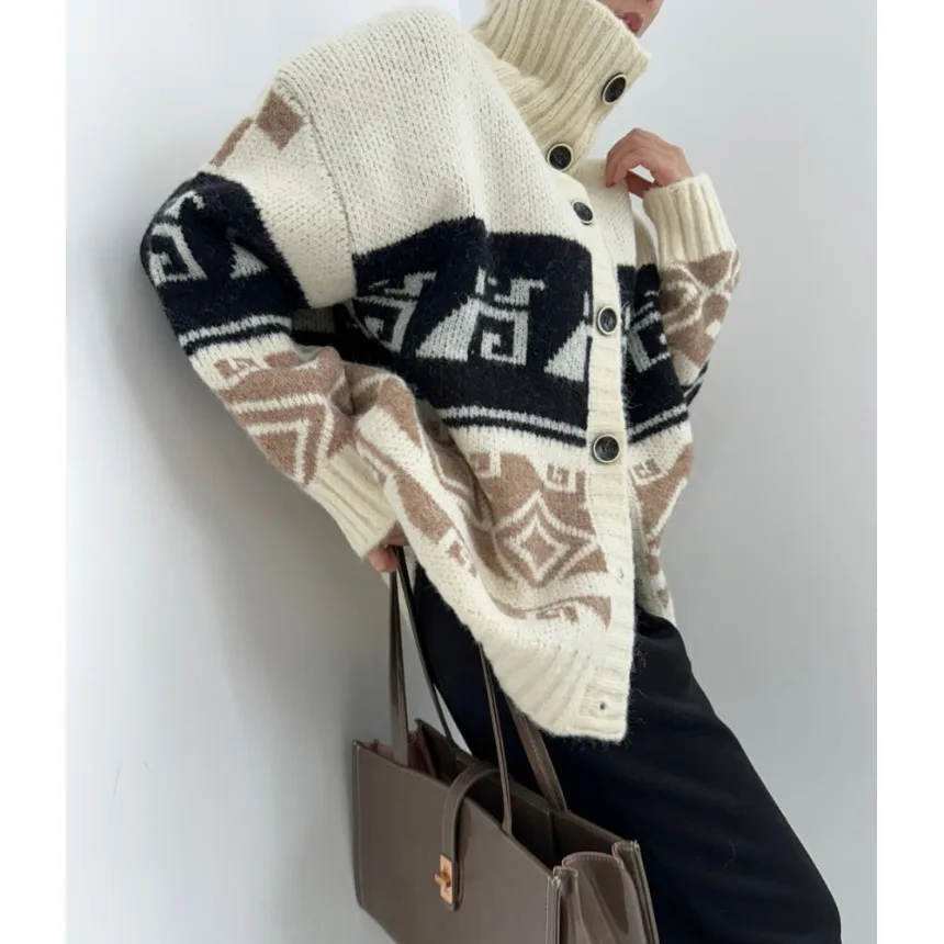 女性のハイカラーソフトセーター Jaet 韓国 Sle シックな秋冬ユニークなデザインルーズフィットロング Sve カーディガン