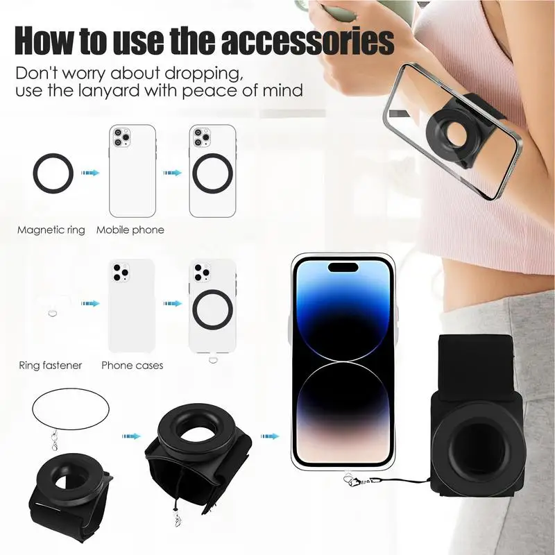 Держатель для телефона на руку для бега Магнитный браслет для сотового телефона Черный портативный держатель для телефона Удобный браслет для телефона для большинства