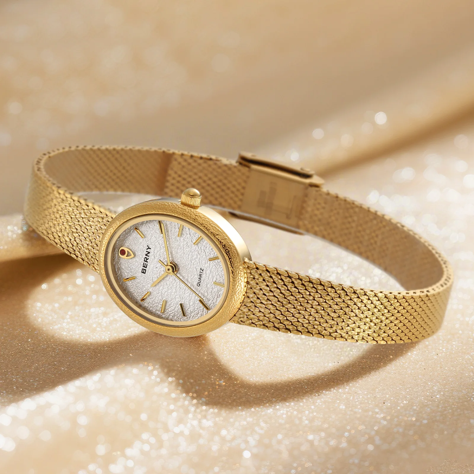 BERNY Women's Watches Fashion Luxury Ladies Golden Quartz Wristwatch Full Stainless Steel Oval Case Casual Dress Wristwatch
