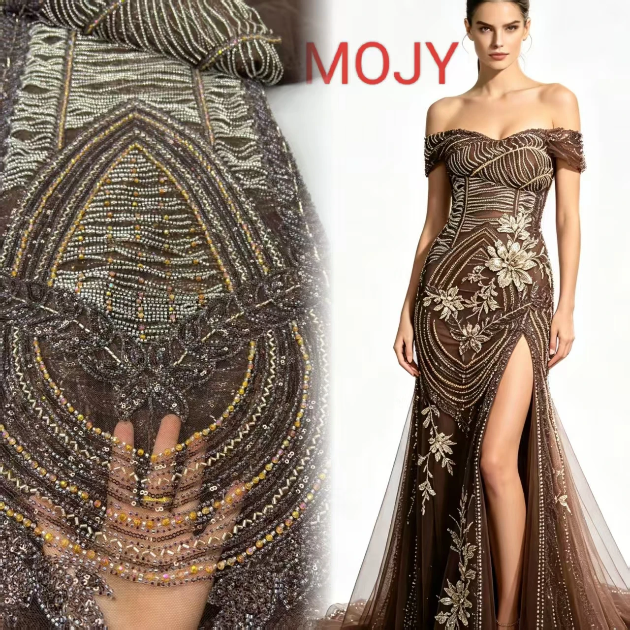 Luxury Heavy Beaded Rhinestone Lace Fabric Geometric Pattern Gold Silver Embroidery Brown Tulle For African Bridal Prom Evening