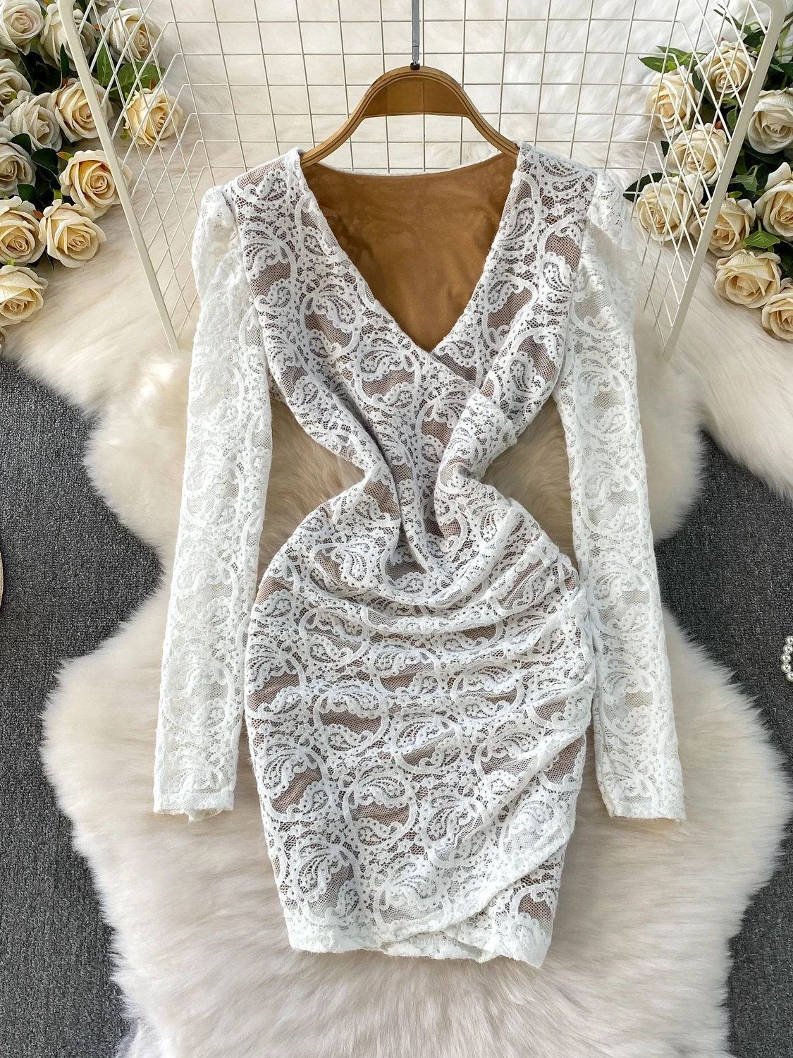 

Сексуальное кружевное облегающее платье с v-образным вырезом, женская плиссированная юбка с высокой талией и перекрестной запахом, длинная свековая удобная посадка