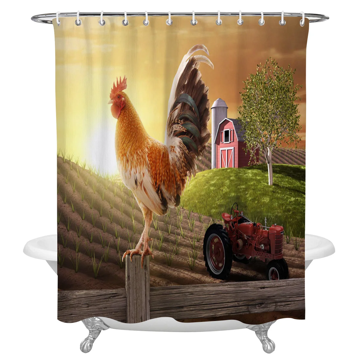 Rooster Farm Tractor Waterproof Bathroom Decoration Shower Curtain With Hook Printed Bathtub Curtains Bathroom Accessories