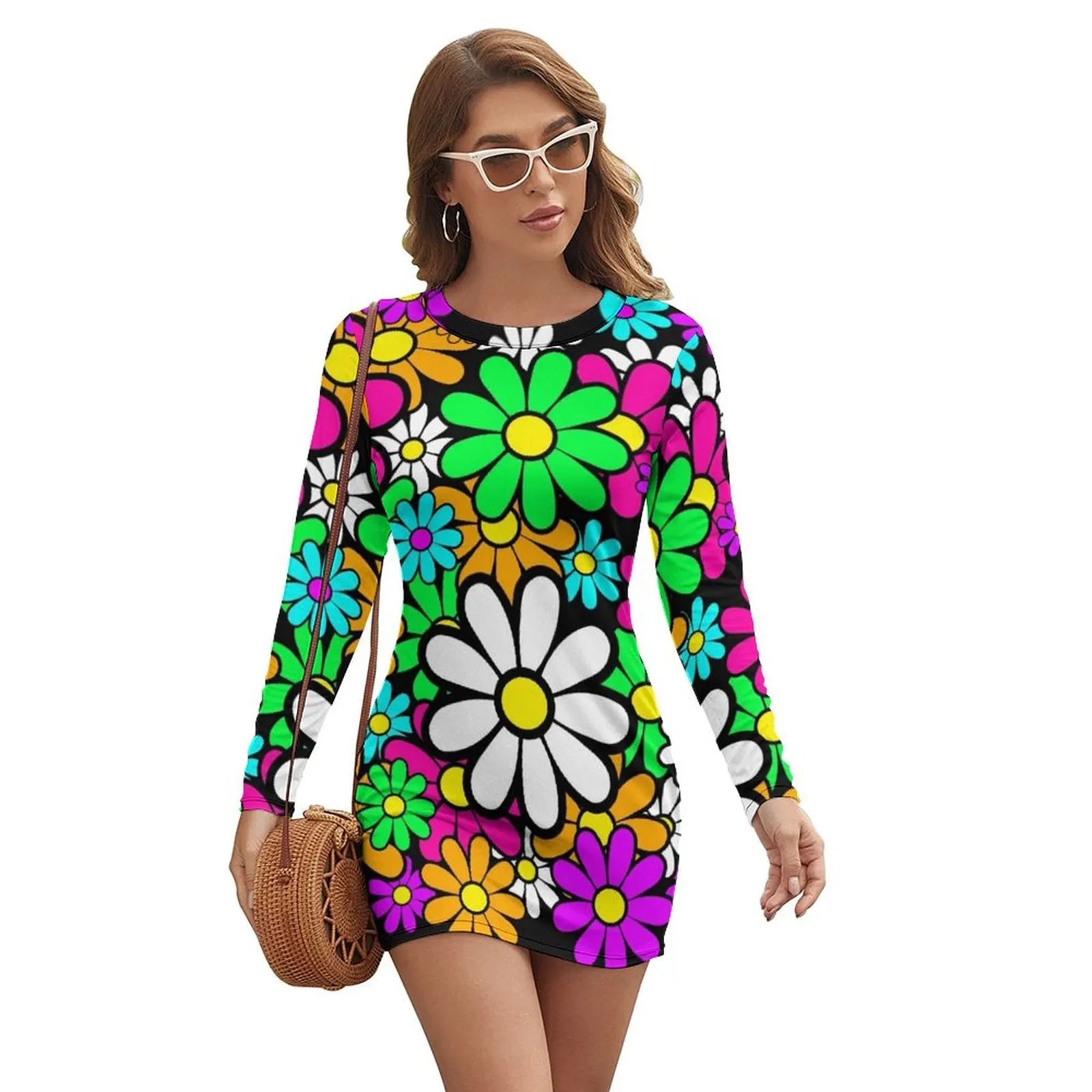 

Retro Happy Daisy Daisies Flowers Happy Flowers Pattern Long-sleeved Dress women party dresses dress for women