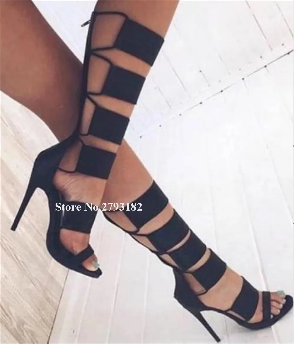 

Hot Sale Women Fashion Cut-out Black Leather Mid-calf High Heel Sandal Boots Sexy Zipper-up Gladiator Boots Dress Shoes
