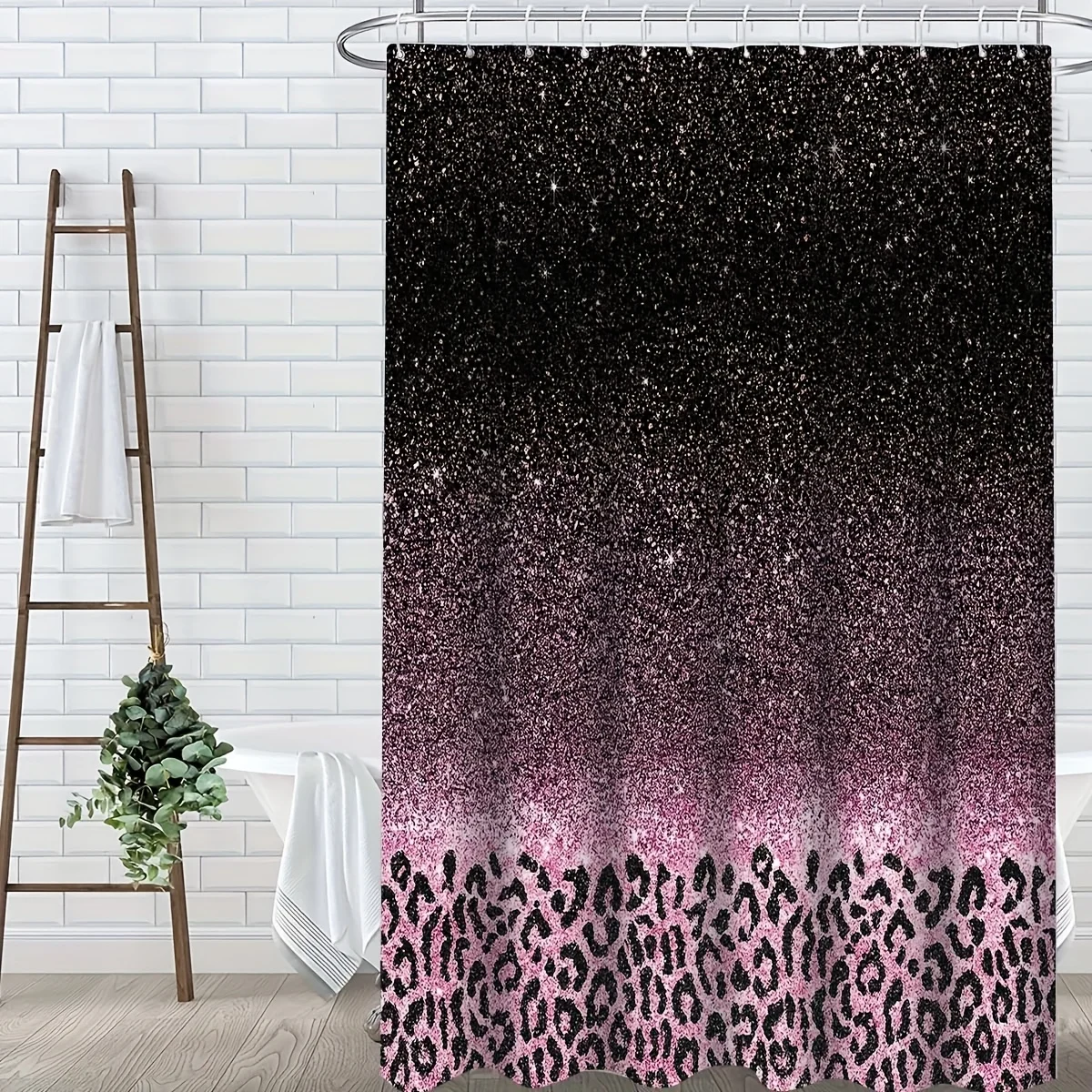 4pcs Shower Curtain Sets with Shower Curtain, Non-Slip Rugs, Toilet Lid Cover and Bath Mat, 4pcs Luxury Shiny Style Pink Black Leopard Print Sequin Printed Shower Curtain Set, Bathroom Additions Include Bathroom, U-Shaped, Toilet, 70.87X70.87inch